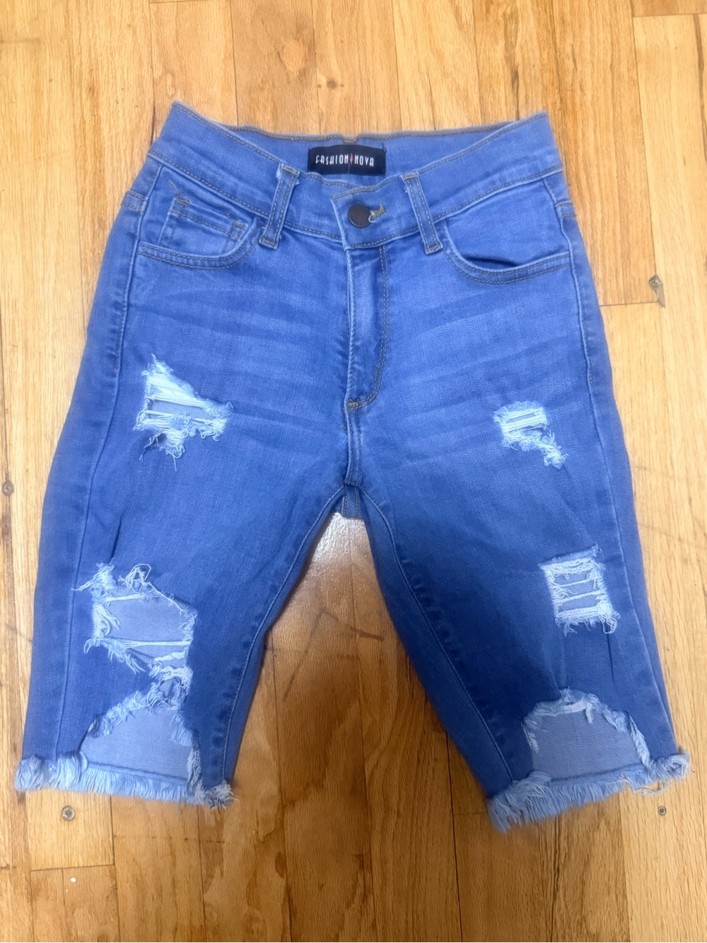 Fashion Nova Light Blue Distressed Denim Bermuda Shorts
